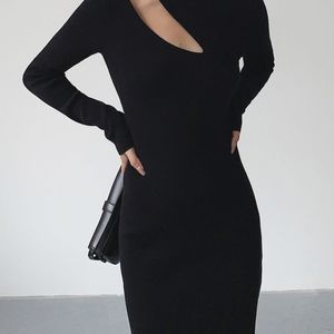 Asymmetrical Cutout Mock Neck Knit Midi Dress